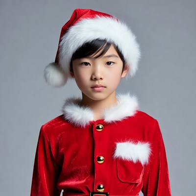 Asian boy in Santa Claus costume