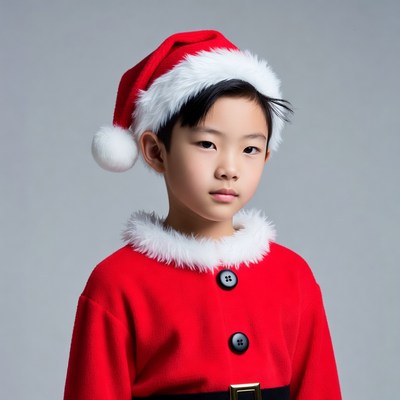Asian boy in Santa costume