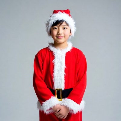 Asian boy in Santa costume