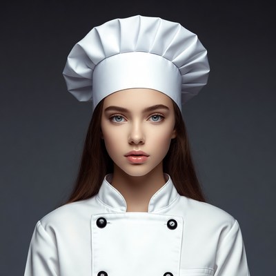 Young woman in white chef uniform