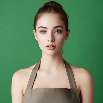 Woman in green apron on green background