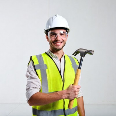 Man in hi-vis vest holding hammer