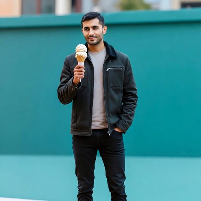 Man holding vanilla ice cream cone