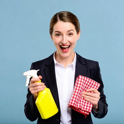 Woman holding spray bottle and cloth