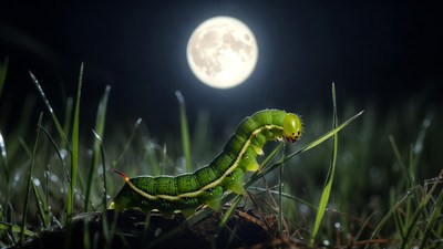 Green caterpillar on grass under moonlight