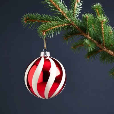 Red White Striped Christmas Ornament on Fir Branch