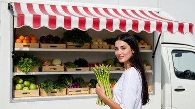 Woman holding asparagus at produce truck