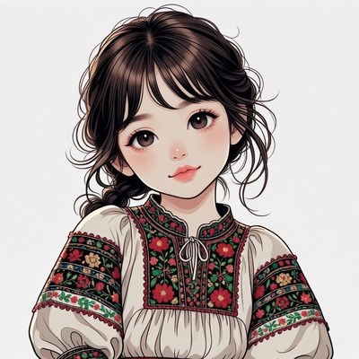 Anime girl in embroidered traditional blouse