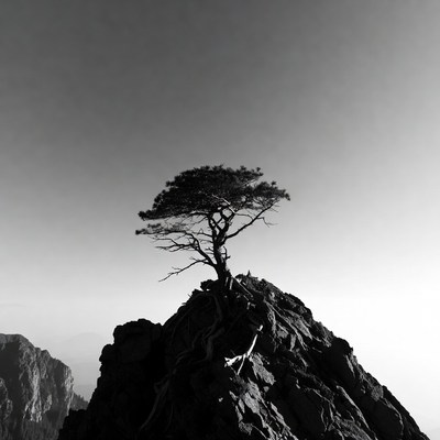 Solitary pine tree on rocky mountain peak