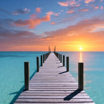 Wooden pier over turquoise ocean at sunset