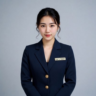 Asian flight attendant in navy uniform