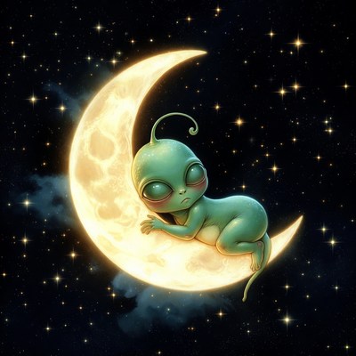 Baby Alien Sleeping on Crescent Moon