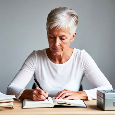 Elderly woman writing in notebook