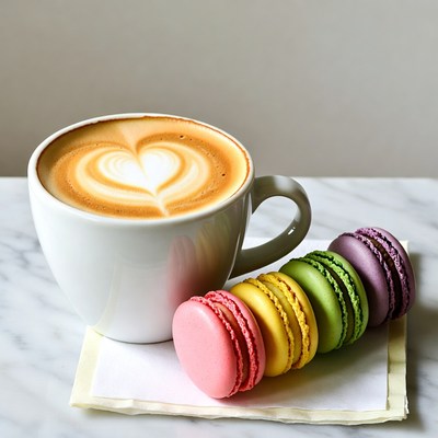 Latte with Heart Foam and Colorful Macarons