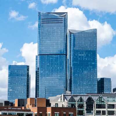 Modern Glass Skyscrapers Blue Sky