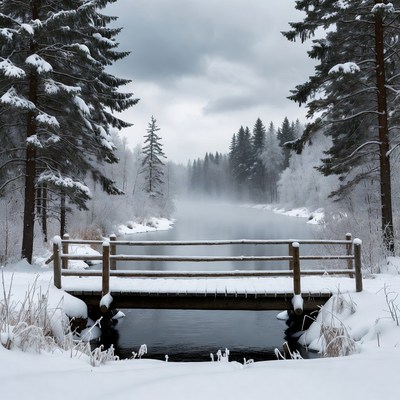 Snowy Wooden Bridge Over Foggy River