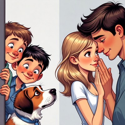 Family peeking with couple and dog