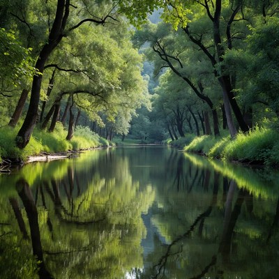Forest Lined River with Tree Reflections