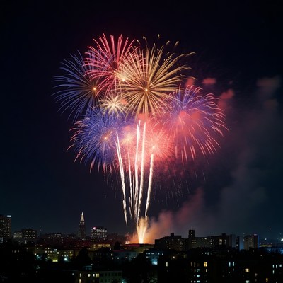 Colorful Fireworks over City Skyline