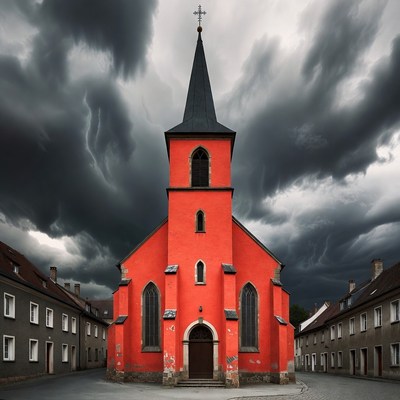 Red Church Under Dark Stormy Clouds