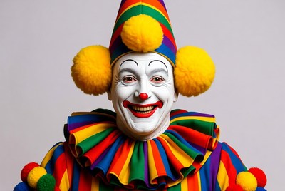Clown smiling with rainbow costume