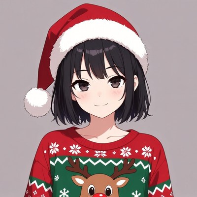 Anime girl in Santa hat and reindeer sweater