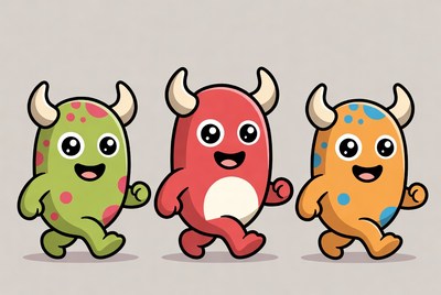 Three Cute Cartoon Horned Monsters Walking