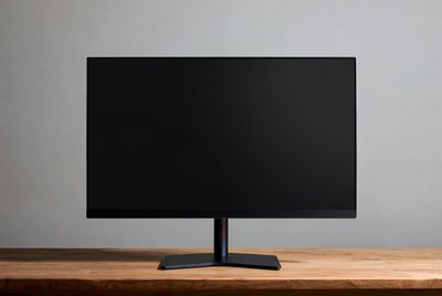 Black monitor on wooden desk