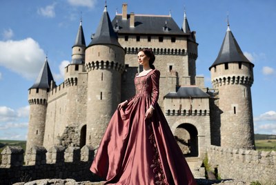 Woman in red gown at medieval castle