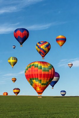 Colorful Hot Air Balloons Over Green Field
