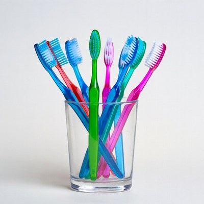 Colorful toothbrushes in glass