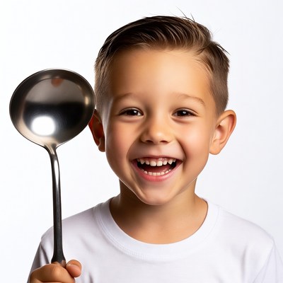 Boy holding ladle smiling