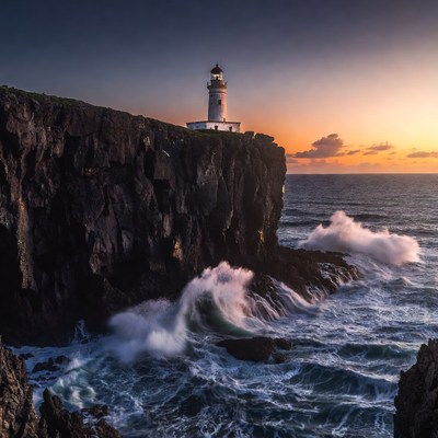 Lighthouse on Cliff with Crashing Waves