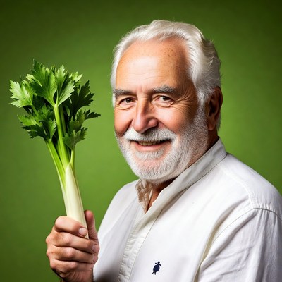 Elderly man holding celery