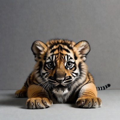 Cute tiger cub lying on gray background