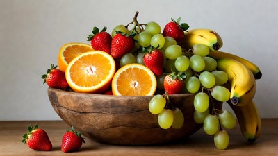 Fresh Fruit Bowl with Oranges Strawberries Grapes Bananas