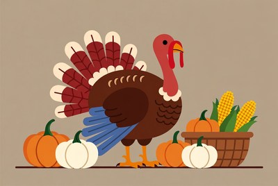 Thanksgiving Turkey with Pumpkins and Corn