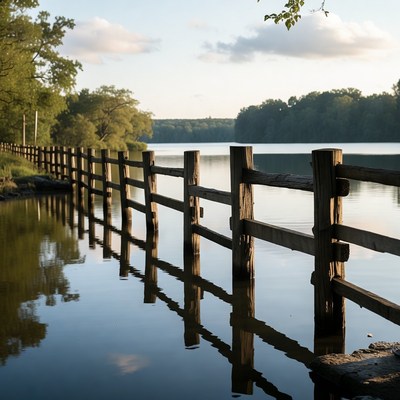 Wooden fence along calm lake