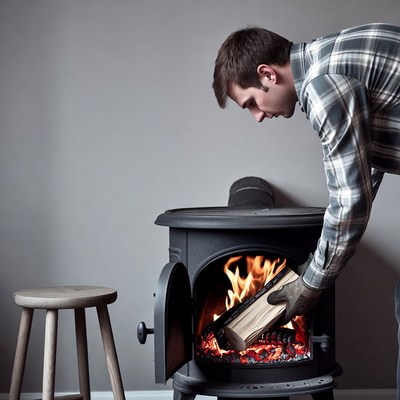 Man adding log to fireplace