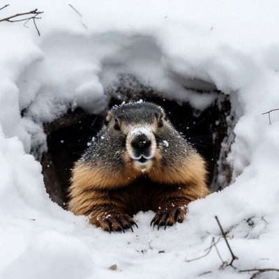 Groundhog emerging from snowy burrow