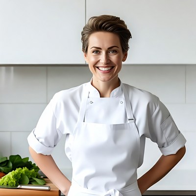 Smiling female chef in kitchen