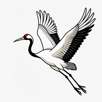 Red-crowned Crane Flying Illustration