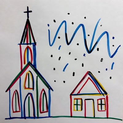 Colorful Church and House Drawing