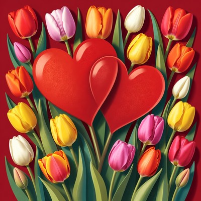 Two Red Hearts with Colorful Tulips