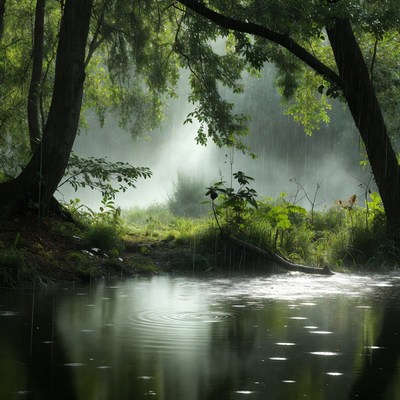 Forest Rain Ripples in Misty Pond