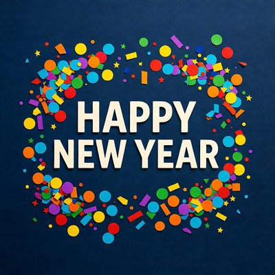 Happy New Year confetti on navy