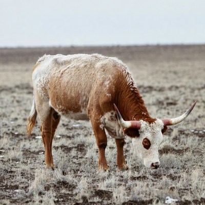 Longhorn cow grazing in field