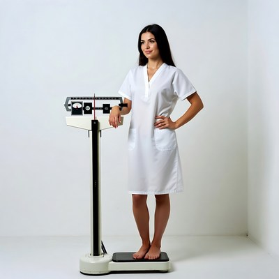 Nurse weighing herself on scale