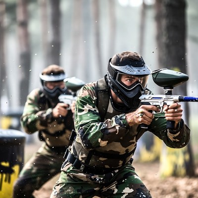 Men playing paintball in forest