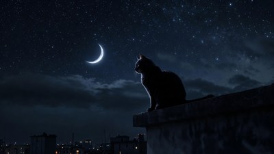 Black cat on rooftop under moon